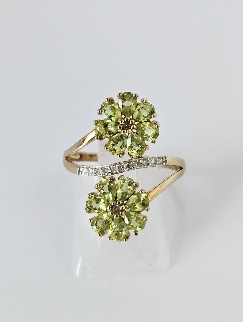 Genuine Peridot & White Zircon Floral 18k Vermeil Ring Size 8